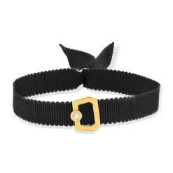 Bracelet boucle plaqué or jaune zirconias ruban noir 21cm