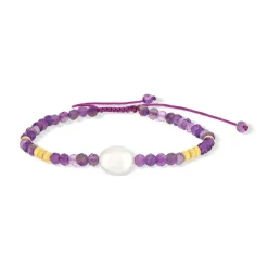 Bracelet cordon coton violet améthystes et perle culture de Chine