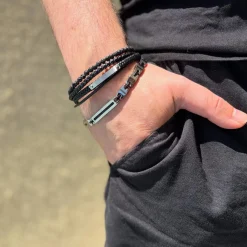 Bracelet cordon synthétique noir et acier
