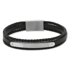 Bracelet cuir acier multirangs noir