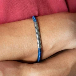 Bracelet cuir acier pierres naturelles bleues 20,5cm