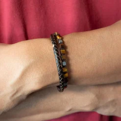 Bracelet cuir marron pierres naturelles marrons 20cm