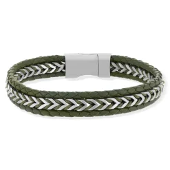 Bracelet cuir vert et acier 21cm