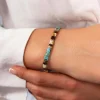Bracelet élastiques perles japonaises MIYUKI en verre émaillé ton bleu marron blanc et doré 17cm