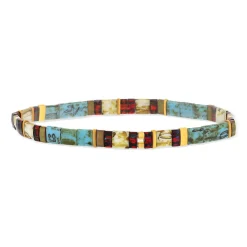 Bracelet élastiques perles japonaises MIYUKI en verre émaillé ton bleu marron blanc et doré 17cm