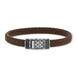Bracelet marron tressé spinelles noires 19cm