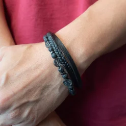 Bracelet matière synthétique noire pierres naturelles noires 20cm