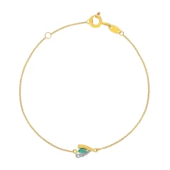 Bracelet or 375 jaune 2 tons émeraude et diamant 18cm avec anneau de raccourcissement 16cm
