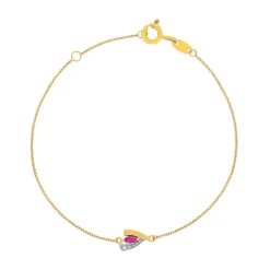 Bracelet or 375 jaune 2 tons rubis et diamant 18cm avec anneau de raccourcissement à 16cm