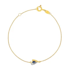 Bracelet or 375 jaune 2 tons saphir et diamant 18cm avec anneau de raccoucissement à 16cm