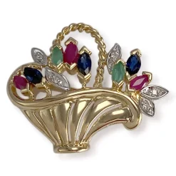 Broche d'occasion  or 2 tons 750 diamants saphirs rubis émeraudes