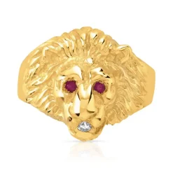 Chevalière or 375 jaune tête de lion rubis et diamant
