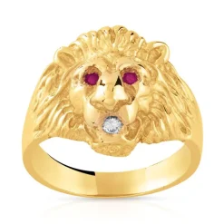 Chevalière or 750 jaune tête de lion rubis et diamant