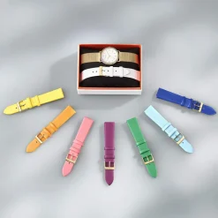Coffret montre empierrée rainbow et bracelet cuir blanc