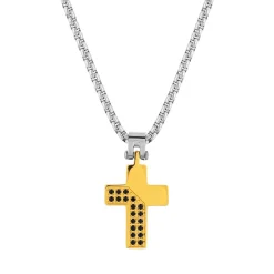 Collier acier bicolore jaune zirconia noir croix 55cm