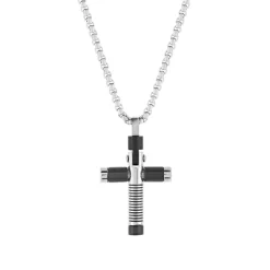 Collier acier bicolore noir croix 55 cm