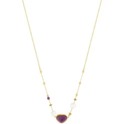Collier acier doré améthystes et 2 perles de culture de Chine 48 cm