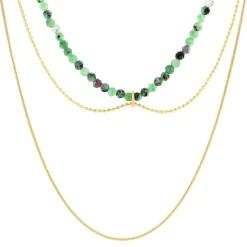 Collier acier doré 3 rangs amazonites vertes 45 cm
