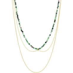 Collier acier doré 3 rangs amazonites vertes 45 cm