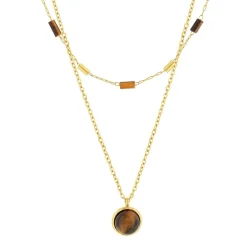 Collier acier doré 2 rangs pierres oeil de tigre 48 cm
