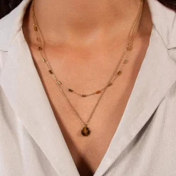 Collier acier doré 2 rangs pierres oeil de tigre 48 cm