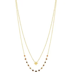Collier acier doré 2 rangs étoile et pierres oeil de tigre 45 cm