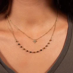 Collier acier doré 2 rangs étoile et pierres oeil de tigre 45 cm