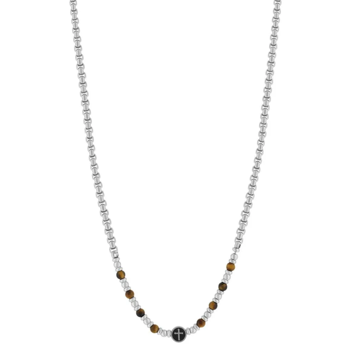 Collier acier motif croix oeil de tigre 50cm