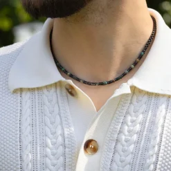 Collier acier vieilli tourquoises vertes 50cm