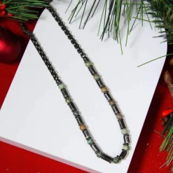 Collier acier vieilli tourquoises vertes 50cm