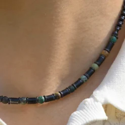 Collier acier vieilli tourquoises vertes 50cm