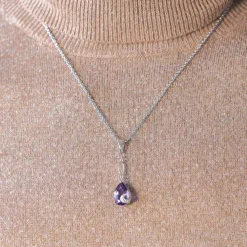 Collier argent 925 améthyste taille poire et zirconias 45 cm