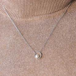 Collier argent 925 cercle zirconias perle de culture de Chine 45 cm