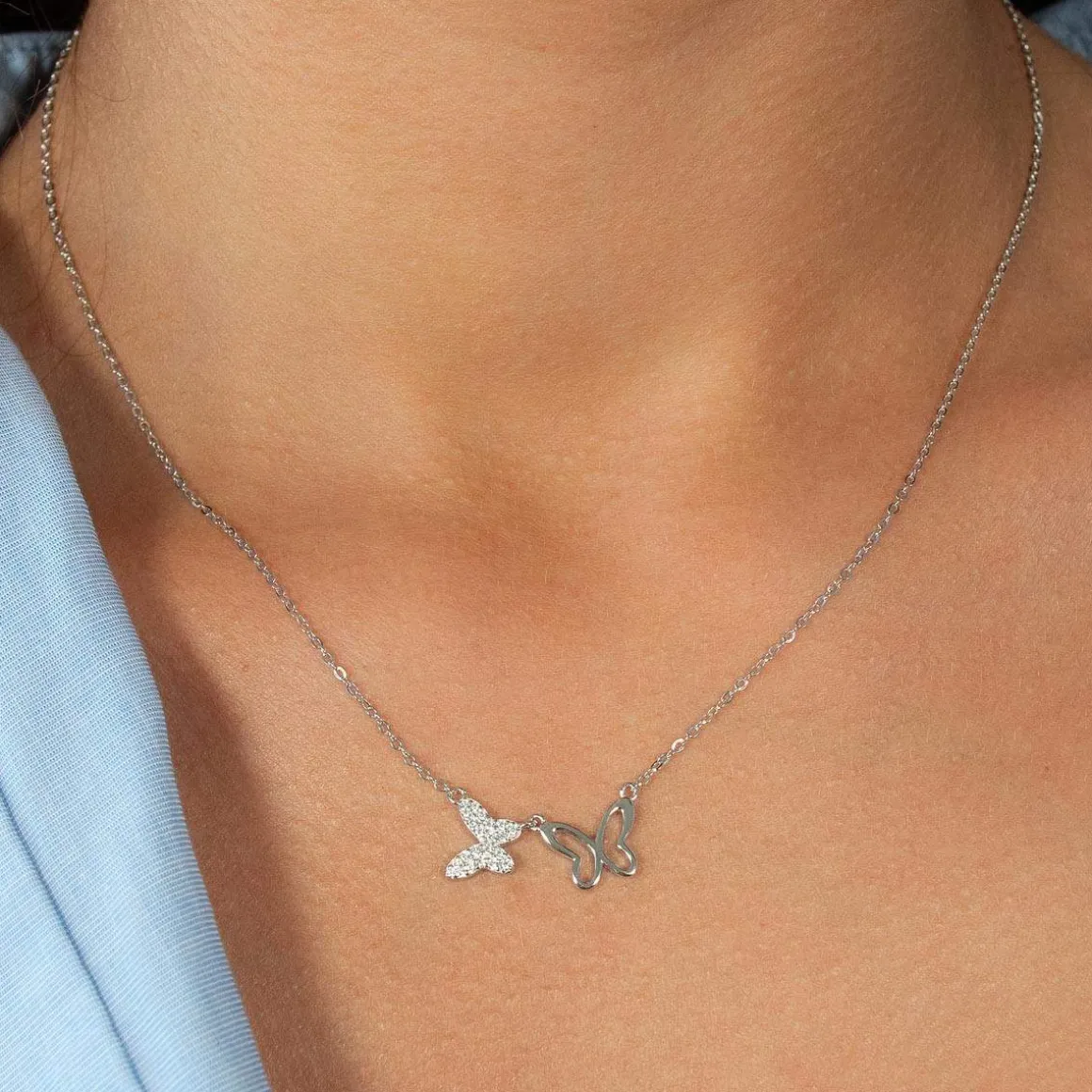Collier argent 925 et zirconias motif papillons 45cm