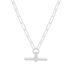 Collier argent 925 maille trombone motif T/bar zirconias. Longueur 41 cm
