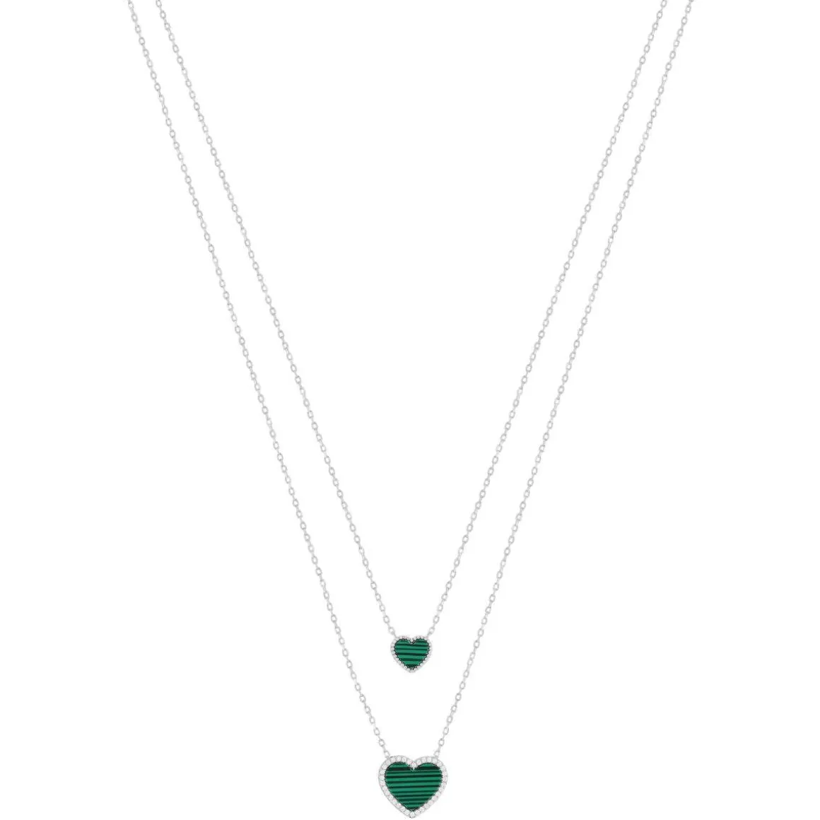 Collier argent 925 malachites et zirconias 40cm motif coeur
