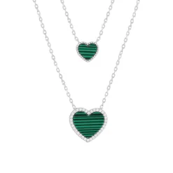 Collier argent 925 malachites et zirconias 40cm motif coeur