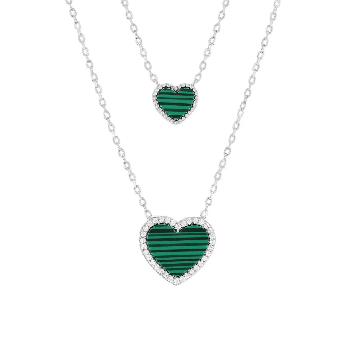 Collier argent 925 malachites et zirconias 40cm motif coeur