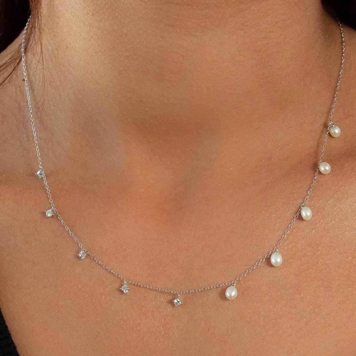 Collier argent 925 perles de Chine et zirconias 45cm