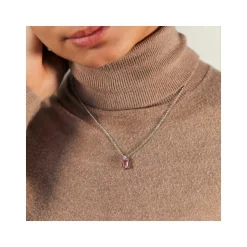 Collier argent 925 pierre rose rectangulaire et zirconias 45 cm