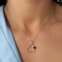 Collier argent 925 pierre synthétique rouge motif coeur 45cm