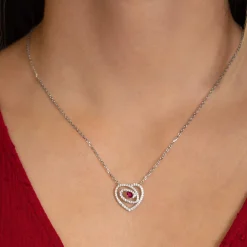 Collier coeur argent 925 rhodié rubis synthétique et zirconias 45cm