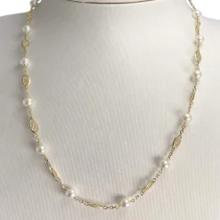 Collier d'occasion en or jaune 750, maille filigrane, perles de culture, 50 cm