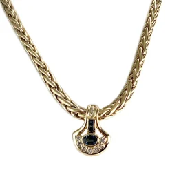 Collier d'occasion en or jaune 750, maille palmier, diamants et saphirs, 42 cm