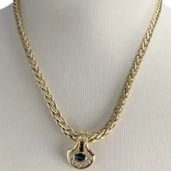 Collier d'occasion en or jaune 750, maille palmier, diamants et saphirs, 42 cm