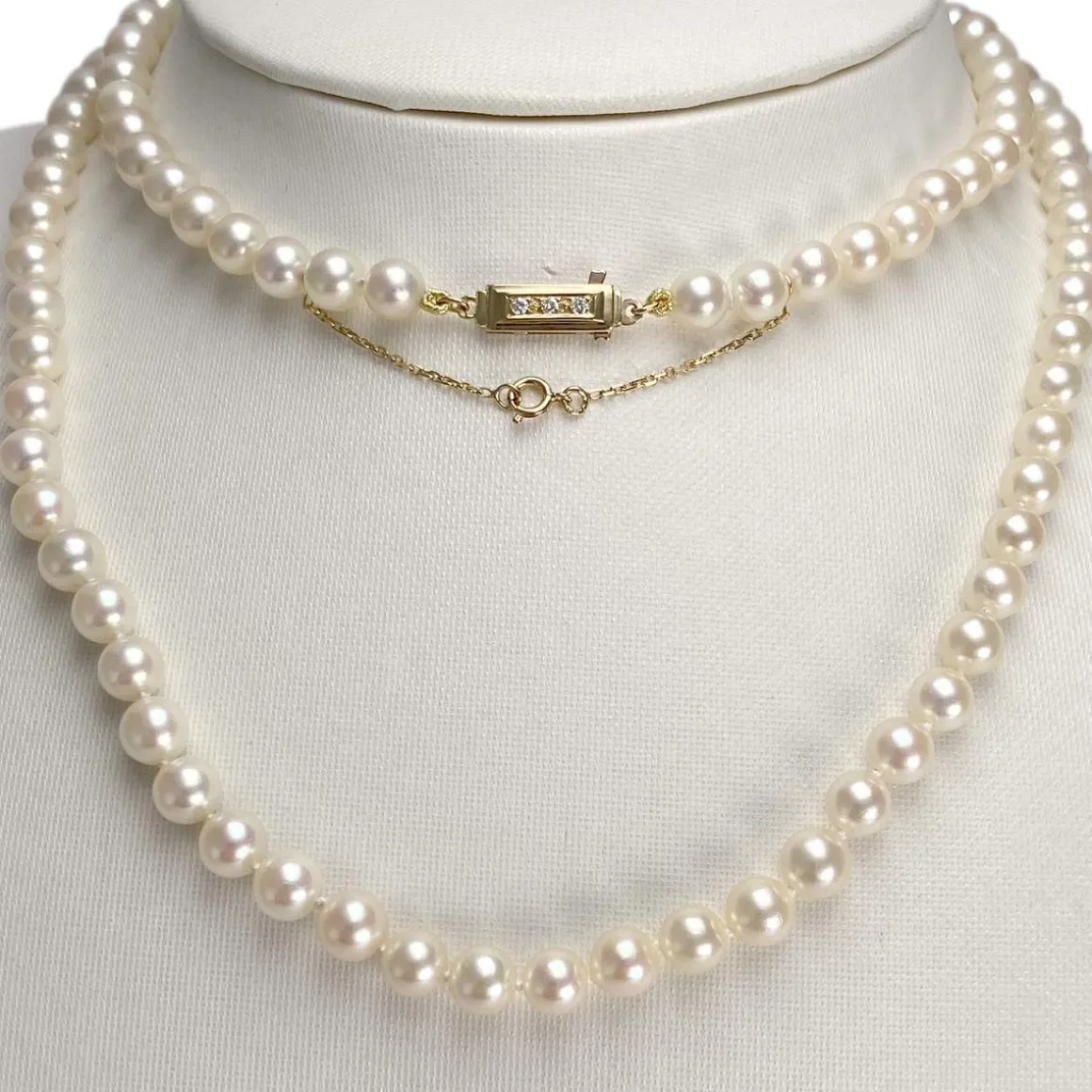 Collier d'occasion en or jaune 750, perles de culture et diamants, 80 cm