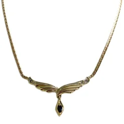 Collier d'occasion en or jaune 750, maille anglaise, diamants et saphir