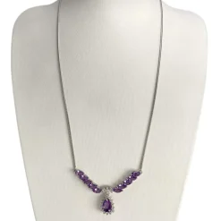 Collier d'occasion or 750 blanc maille serpentine améthystes diamants 55cm