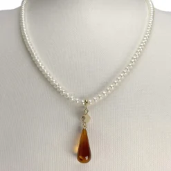 Collier d'occasion or 750 jaune maille perles, perles de culture de Chine et ambre