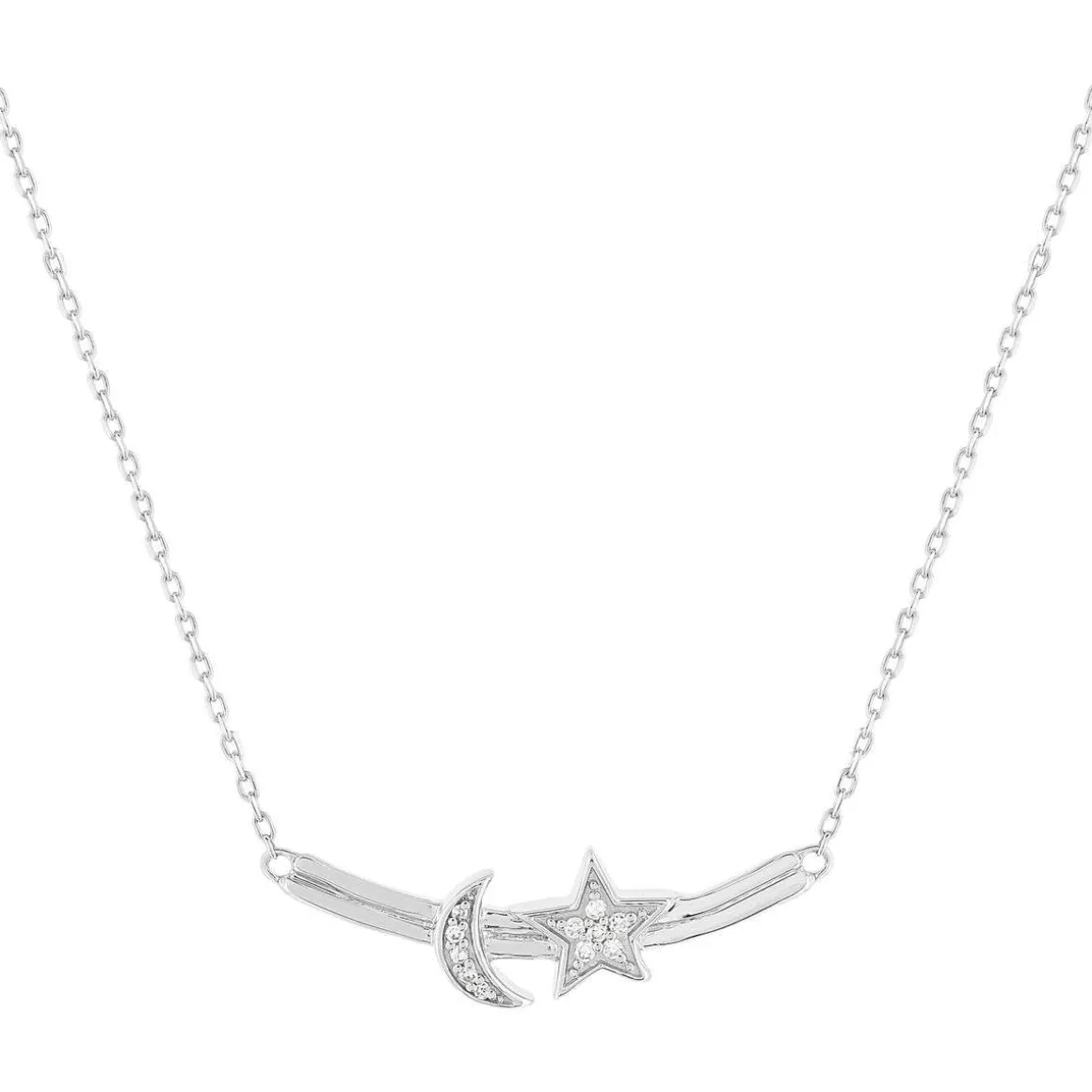 Collier or 375 blanc diamants, motif étoile et lune 45 cm